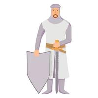 mittelalterlicher ritter in rüstung mit schild und schwert. kriegerzeichentrickfigur. flacher illustrationsvektor. isoliert auf weißem hintergrund.