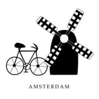 europeiska huvudstäder, amsterdam. svartvit illustration vektor