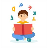dyslexi, oförmåga att läsa. inlärningssvårigheter koncept. ledsen pojke som håller en bok. spridda bokstäver ovanför hans head.flat vektorillustration vektor