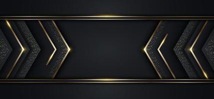 modernes luxus-banner-vorlagendesign schwarze pfeildreiecke und goldene glitzernde 3d-goldstreifen säumen lichtfunken auf dunklem hintergrund vektor