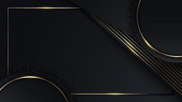 abstrakte elegante schwarze streifen und kreis mit goldenen punktpartikeln und lichteffekt auf dunklem hintergrund luxusstil