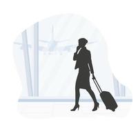 Schöne blonde Geschäftsfrau mit Smartphone, die ihren Flug überprüft oder online am Flughafen eincheckt, mit Gepäck vektor