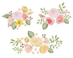 lose aquarellbunte rosen und wildblumenblumenstraußelemente lokalisiert auf digitaler malerei des weißen hintergrunds vektor