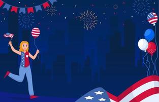 glad minnesdag USA med flicka som håller ballong och amerikanska flaggan vektor