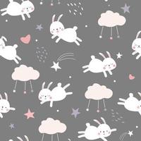 seamless mönster med söta djur kaniner. barnprydnad med moln, stjärnor, sovande harar på natthimlen. vektorgrafik. vektor