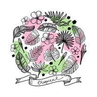 Reihe von Silhouetten tropischer Elemente tropischer Strelitzia-Blume, Hibiskus, Monsterblätter usw. Kreisanordnung. Der tropische Schriftzug ist von Hand auf das Band gezeichnet. handgezeichneter Doodle-Stil