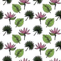 ein nahtloses Muster einer tropischen Strelitzia-Blume, -Palmen und -Blätter. handgezeichnete Elemente im Doodle-Stil, leuchtende Blumen und viel Grün. Tropen. Strelitzie. isolierte Vektorillustration vektor