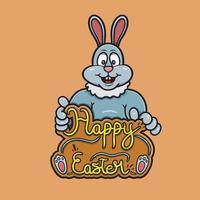 Maskottchen-Kaninchen-Cartoon-Logo bringt fröhliche Ostern-Schrift. fröhliches osterthema. vektor