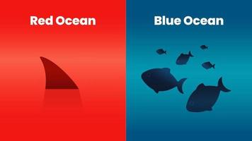 das konzept der blue-ocean-strategiepräsentation ist ein vektor-infografikelement des marketings. Der rote Hai und das Meer haben eine blutige Massenkonkurrenz und das blaue Wasser ist ein reicher Nischenmarkt vektor