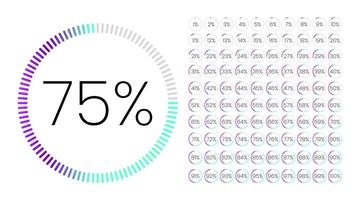 uppsättning cirkelprocentmeter från 0 till 100 för infografik, användargränssnittsdesign ui. färgglada cirkeldiagram nedladdning av framsteg från lila till blå i vit bakgrund. cirkeldiagram vektor. vektor