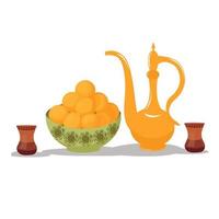 orientalische teekanne und süßigkeiten luqaimat vektor stock illustration. Arabische Gastfreundschaft. heißes Kaffeegetränk. traditionelle Kaffeekanne. isoliert auf weißem Hintergrund.