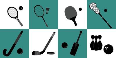 Sammlung von Vektorillustrationen von Handübungsgeräten. set sportausrüstung vektoren von badminton, tennisplatz, tischtennis, lacrosse, cricket, bowling.