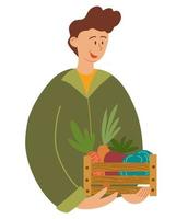 bonde håller låda med färska grönsaker. leende man med veggie, porträtt. glad lantarbetare med ekologisk skörd i trälåda. platt vektorillustration vektor