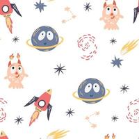 utrymme seamless mönster. bakgrund med tecknade rymdraketer, monser, planeter, stjärnor. kosmisk. perfekt för barndesign, tapeter, textil och tryck. vektor hand rita illustration