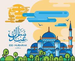 grüße eid mubarak mit flachen illustrationen von moscheen und natur vektor