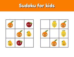 Sudoku für Kinder mit Bildern. Logik-Rebus für Vorschul- und Schulkinder. Lernspiel. Früchte. vektor