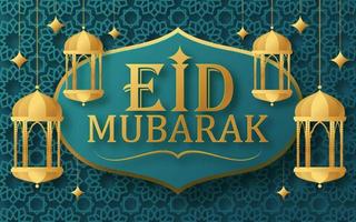 Eid Mubarak mit Halbmond und Moschee. vektor