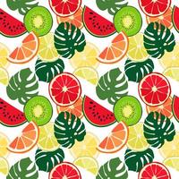 Nahtlose Textur aus grünen Monstera-Blättern, Wassermelonenscheiben und tropischen Früchten. Laubmuster, natürlicher abstrakter Hintergrund. helle blumige Sommertextur aus Zitrusfrüchten