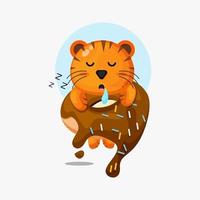 süßer tiger, der auf einer donut-symbolillustration schläft vektor