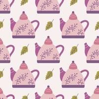 Teekanne aus Keramik, verziert mit Zweigen mit Beeren, Vektornahtloses Muster auf rosa Hintergrund vektor