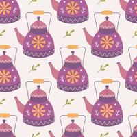 Teekanne mit Ornament, Pflanzen, Vektornahtloses Muster auf rosa Hintergrund vektor