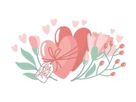 vektorillustration für valentinstag. zwei Herzen mit Blumen auf weißem Hintergrund. kreative grußkarte mit handgezeichneten dekorativen elementen. vektor