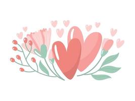 vektorillustration für valentinstag. zwei Herzen mit Blumen auf weißem Hintergrund. kreative grußkarte mit handgezeichneten dekorativen elementen. elegantes feminines Design. vektor