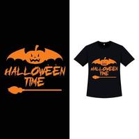 Halloween schwarzes T-Shirt Design mit einem Teufelskürbis. lustiges elementdesign halloweens mit einer kürbislaterne, einem besenstiel und einer kalligrafie. Gruseliges T-Shirt-Design für Halloween. vektor