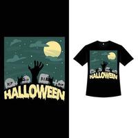 glad halloween retro färg t-shirt design med en kyrkogård. halloweenmodedesign med zombies händer, grav, pumpa och kalligrafi. skrämmande vintage färg t-shirt design för halloween event. vektor
