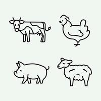 satz von haussäugetier-symbol-vektor-illustration. Kuh-Henne-Schwein-Schaf-Gliederungssymbol. Hühnchen, Schweinefleisch, Rindfleisch, Fleischproduktion, Vogelzucht. Geflügelfarm, Tierhaltung vektor