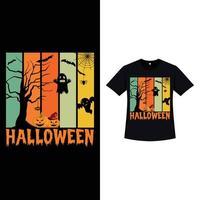 halloween stilvolles retro-farb-t-shirt-design mit gruseligen geistern und einer toten baumsilhouette. halloween gruseliges t-shirt-design mit vintage-farbe und kalligrafie. Gruseliges Modedesign für Halloween. vektor