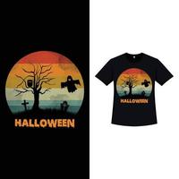 stilvolles retro-farbt-shirt design halloweens mit einer toten baumsilhouette und einigen grabsteinen. halloween gruseliges t-shirt-design mit vintage-farbe und kalligrafie. Gruseliges Modedesign für Halloween. vektor