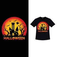 Halloween-Retro-Farb-T-Shirt-Design mit Spukhaus, Grabsteinen und Zombiehänden. halloween gruseliges t-shirt-design mit vintage-farbe und silhouettenformen. Gruseliges Modedesign für Halloween. vektor