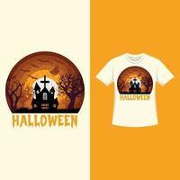 halloween snygg retrofärgad t-shirtdesign med döda träd siluett och ett spökhus. halloween skrämmande t-shirtdesign med vintagefärg och kalligrafi. skrämmande modedesign för halloween. vektor