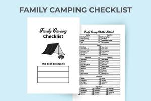 Familiencamping-Checkliste Innenraum. Familien-Outdoor-Campingplaner und Urlaubs-Tracker-Vorlage. Inneres eines Notebooks. familienurlaub camping und tour information journal interior. vektor