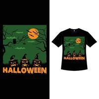 Halloween-Retro-Farb-T-Shirt-Design mit drei Kürbislaternen. Halloween-Modebekleidungsdesign mit Mond, Kürbis, totem Baum und Kalligrafie. beängstigendes T-Shirt-Design in Vintage-Farbe für Halloween. vektor