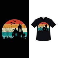 halloween stilvolles retro-farb-t-shirt-design mit gespenstischem haus und friedhof. halloween gruseliges t-shirt-design mit vintage-farbe und kalligrafie. Gruseliges Modedesign für Halloween. vektor