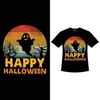 Halloween-Vintage-T-Shirt-Design mit gruseliger Kalligrafie. Halloween-Mode-Abnutzungsdesign mit einem lustigen Geist und einer toten Baumsilhouette. beängstigendes Retro-Farb-T-Shirt-Design für Halloween-Event. vektor