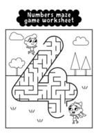 Schwarz-Weiß-Zahlen-Labyrinth-Spiel-Arbeitsblatt für Kinder im Vorschulalter. Labyrinth-Spiel mit Zahlen. Zahlenlernübungen. vektor