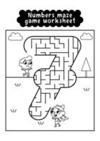 Schwarz-Weiß-Zahlen-Labyrinth-Spiel-Arbeitsblatt für Kinder im Vorschulalter. Labyrinth-Spiel mit Zahlen. Zahlenlernübungen. vektor