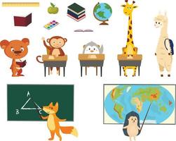 djur handritad stil, utbildning tema. söta karaktärer. björn, pingvin, lama, apa, räv, giraff och igelkott. vektor illustration.