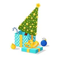 geschmückter weihnachtsbaum mit stern, lichtern, kugeln in geschenkbox. Frohe Weihnachten und ein glückliches Neues Jahr vektor