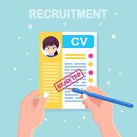 cv business avvisade CV i handen. anställningsintervju, rekrytering, sök arbetsgivarkoncept. vektor design