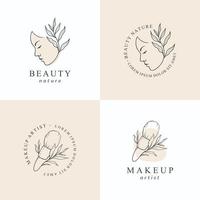 Beauty-Make-up-Logo-Design-Vorlage. hand gezeichnetes frauengesicht und bürstenmake-up mit schönem blatt.