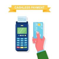 POS-Terminal mit Quittung, Rechnung. bargeldlose Zahlung mit Kredit- oder Debitkarte. NFC-System. Elektronische Maschine für Bankgeschäfte. Vektordesign vektor