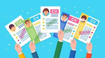 uppsättning av cv företag CV i handen. anställningsintervju, rekrytering, sök arbetsgivare, anställning. vektor design