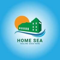 Home Sea Logo, dieses Design eignet sich für ein Firmenlogo, das sich auf Strände und Wohnungen bezieht, wie z. B. Unterkünfte, Hotels, Apartments, Reisen. kann auch als Symbol oder Design im Druck verwendet werden. vektor