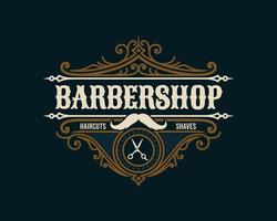 barbershop vintage luxus-rahmen-logo-abzeichen mit gedeihendem viktorianischen ornament vektor