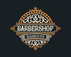 barbershop vintage luxus-rahmen-logo-abzeichen mit gedeihendem viktorianischen ornament vektor