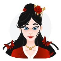 Cartoon asiatische schöne Frau. langes schwarzes haar mit blumenclip oben. Geisha-Illustration im Web. Spiel oder Werbung vektor
